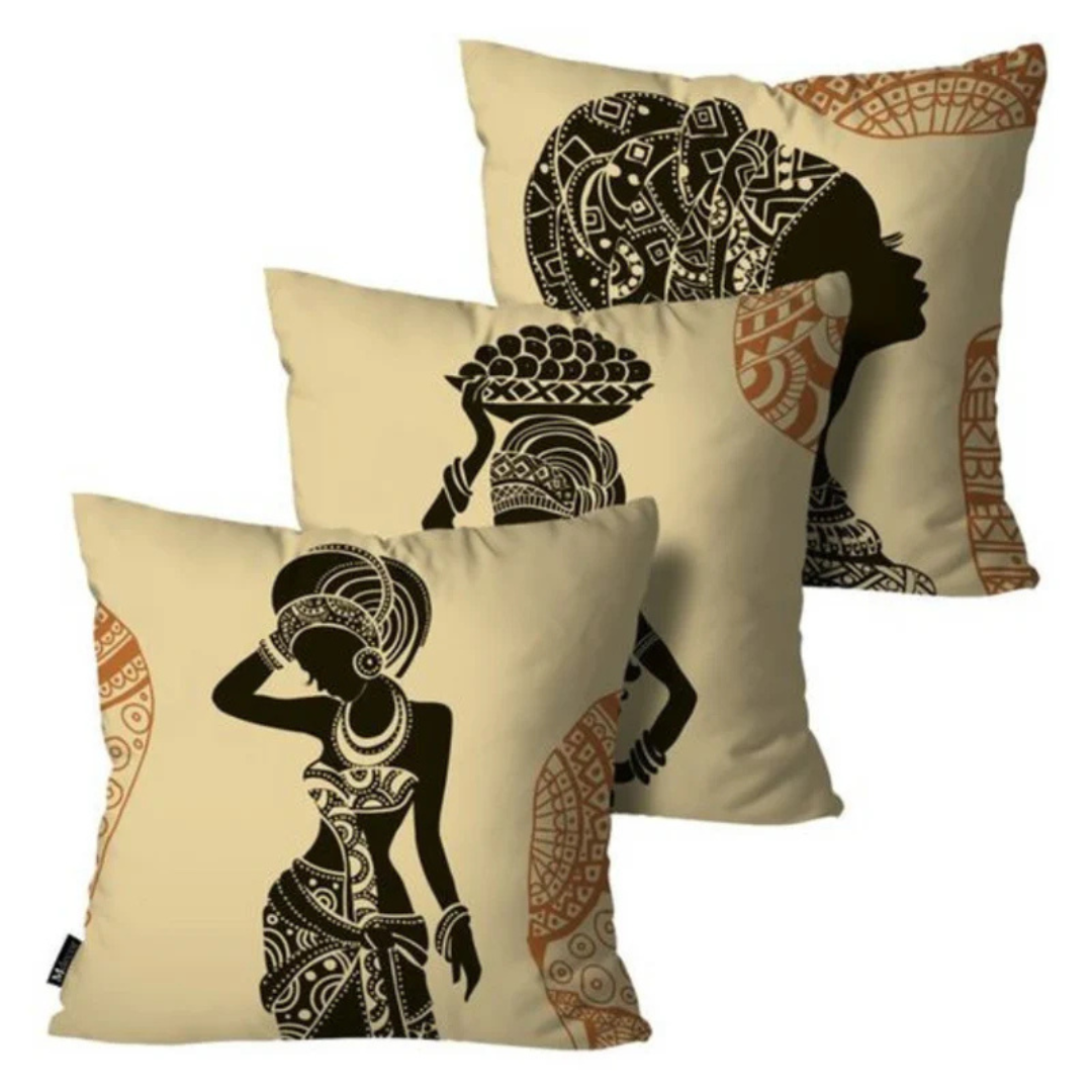 CUSHION COVERS AFRICAN TRIBAL BLACK AND BEIGE PACK OF 3