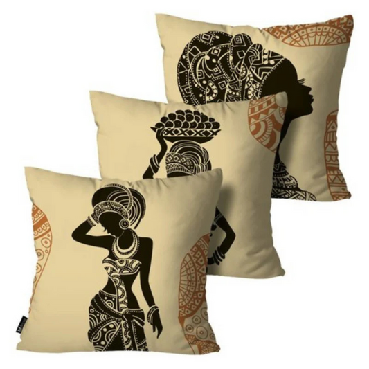 CUSHION COVERS AFRICAN TRIBAL BLACK AND BEIGE PACK OF 3